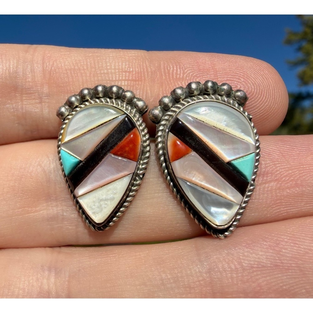 C. C. - Old Pawn Zuni Native American Indian Sterling Silver Inlay Stud Earrings